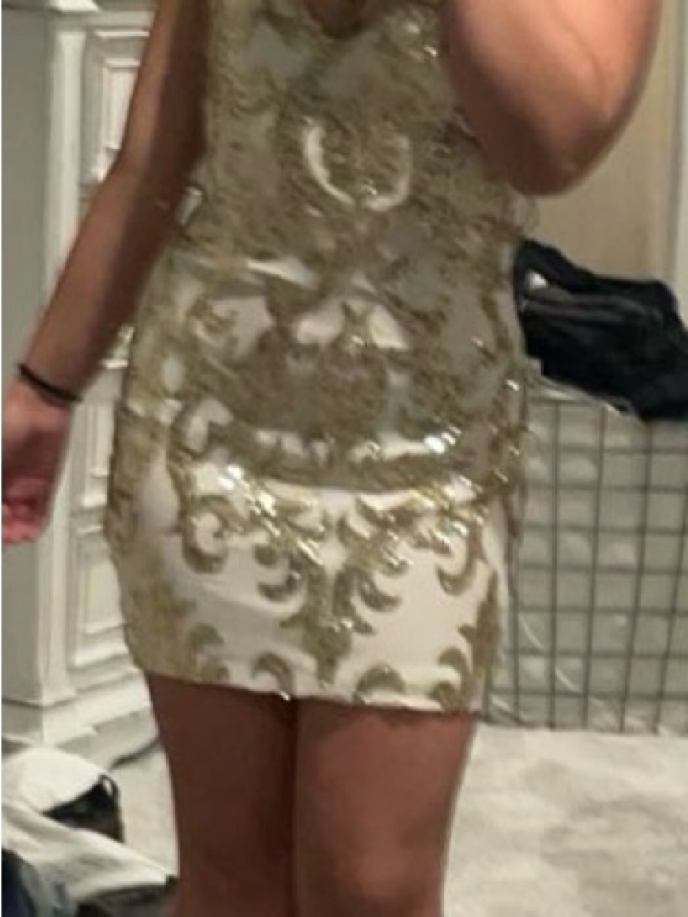 Gold Sequin Embellished Cream Party Dress - Picture 3 of 3